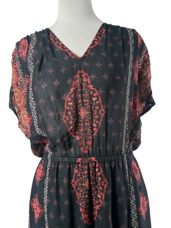 Lucky Brand Boho Print Maxi Dress Black Red V-Neck Festival Bohemian sz sm - Picture 5 of 7